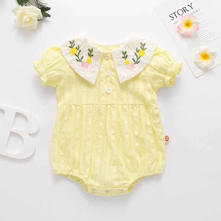 Baby Girl Floral Embroidery Design Solid Color Summer Short-Sleeved Onesies In Summer Outside Wearing-2
