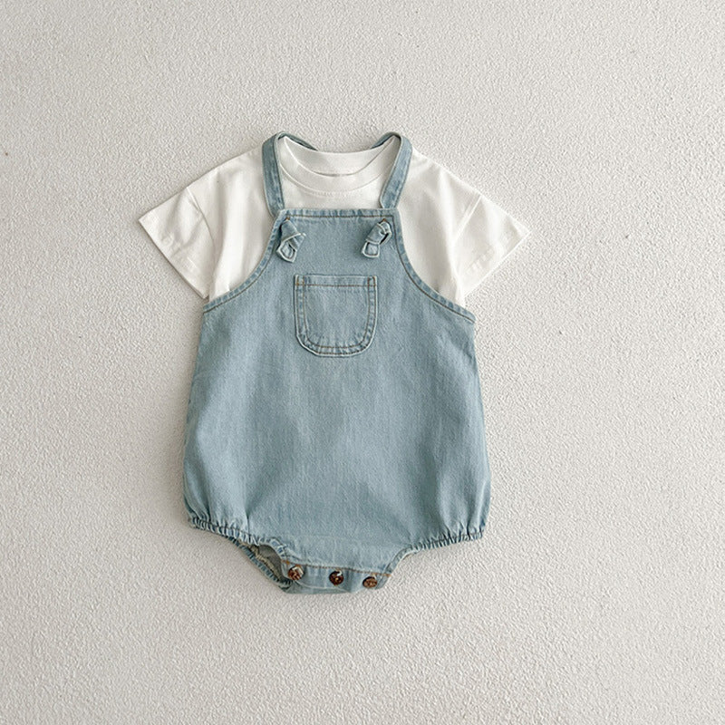 Summer Baby Kids Unisex Solid Color White Short Sleeves T-Shirt And Thin Denim Onesies Clothing Set-0