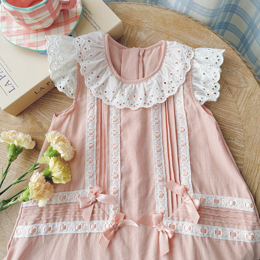 Summer Arrival Flowers Pattern Lace Trim Fly Sleeves Dress for Stylish Girls-2