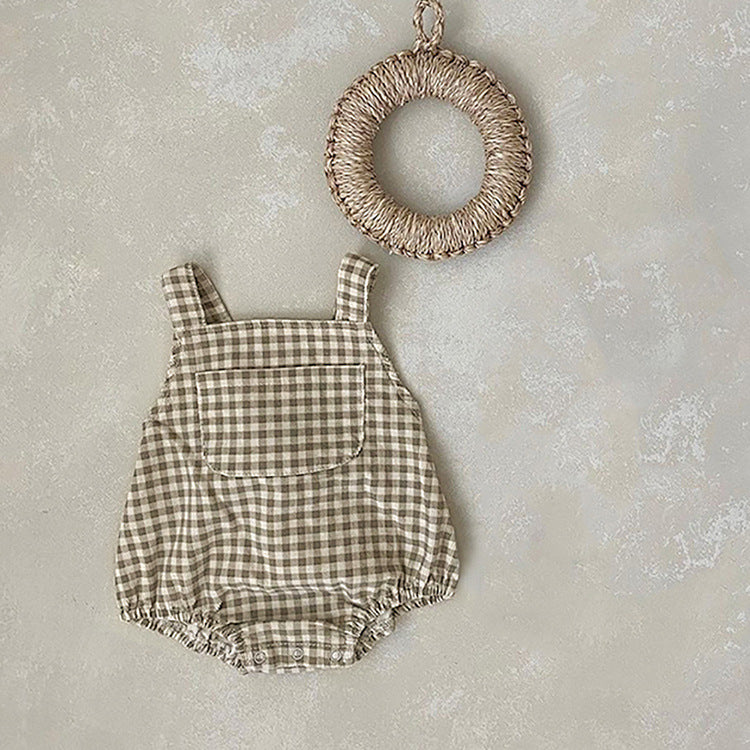 Baby Solid Color & Plaid Pattern Corduroy Fabric Strap Bodysuit-1