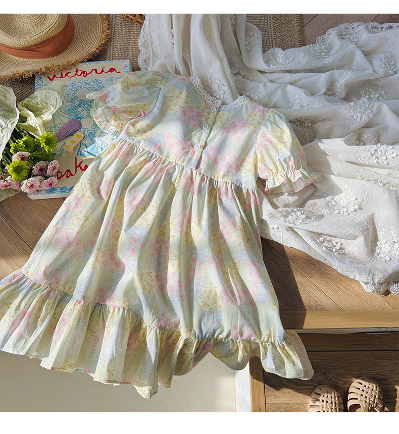 Summer Baby Kids Girls Short Sleeves Flowers Pattern Printed Dress-1