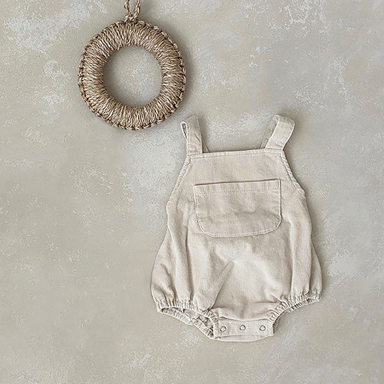 Baby Solid Color & Plaid Pattern Corduroy Fabric Strap Bodysuit-2
