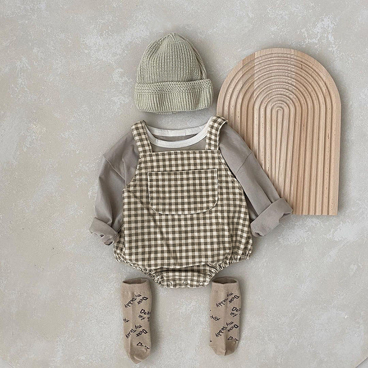 Baby Solid Color & Plaid Pattern Corduroy Fabric Strap Bodysuit-3