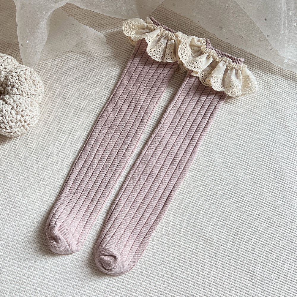 Baby Kids Girls Lace Trim Patchwork Design Breathable Stocking Socks-4