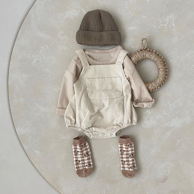 Baby Solid Color & Plaid Pattern Corduroy Fabric Strap Bodysuit-4