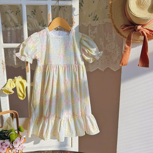 Summer Baby Kids Girls Short Sleeves Flowers Pattern Printed Dress-0