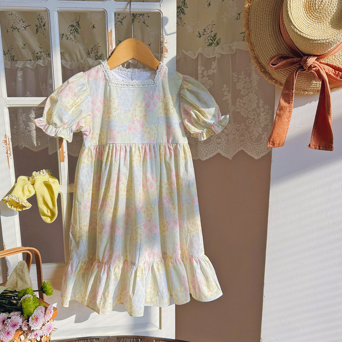 Summer Baby Kids Girls Short Sleeves Flowers Pattern Printed Dress-3