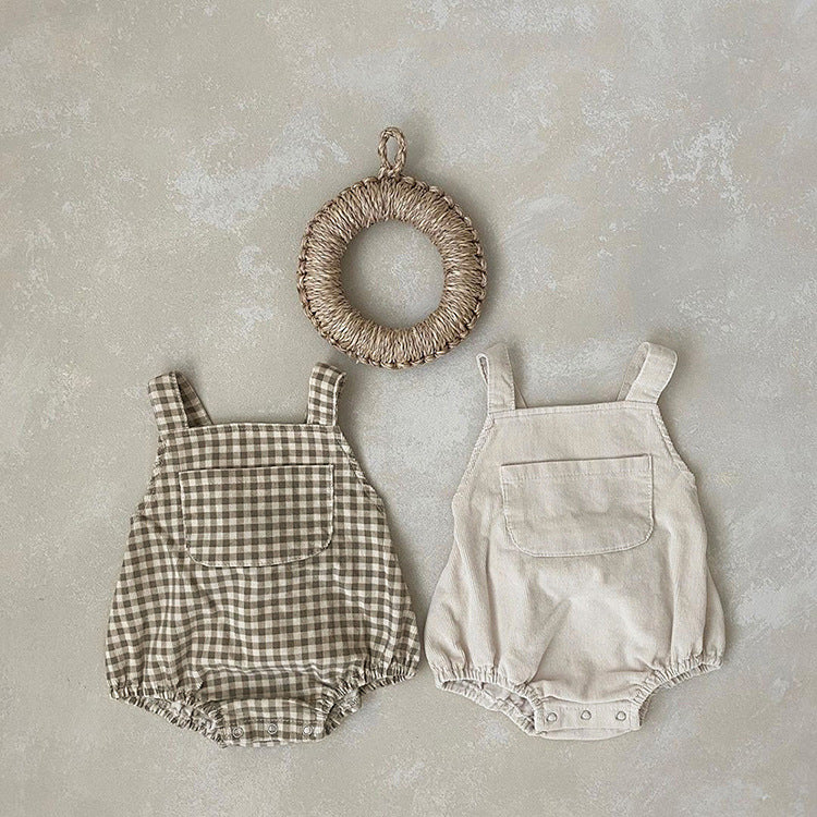 Baby Solid Color & Plaid Pattern Corduroy Fabric Strap Bodysuit-0
