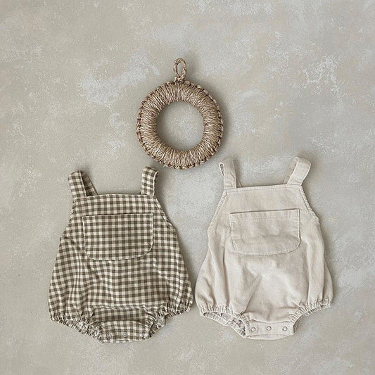 Baby Solid Color & Plaid Pattern Corduroy Fabric Strap Bodysuit-0